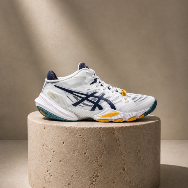 کتونی والیبال آسیکس متارایز سفید زرد آبی Asics Metarise